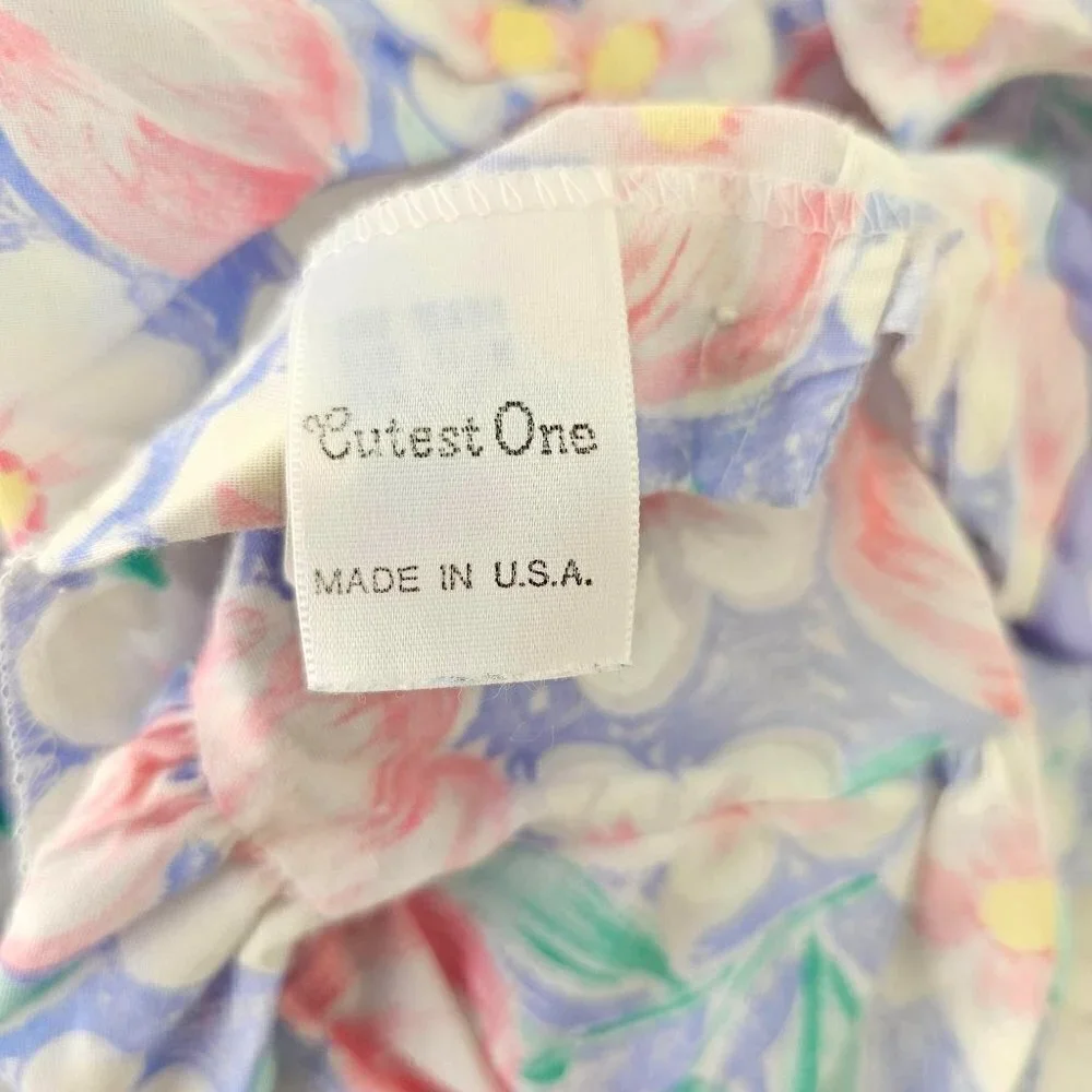 60s Cutest One Baby Girl Dress Puff Sleeve Button Close Cotton Poly Infant 12 Mo